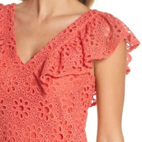New Size 2 Trina Turk Coral Orance Eyelet Lace Dress With Ruffles - Picture 2 of 7
